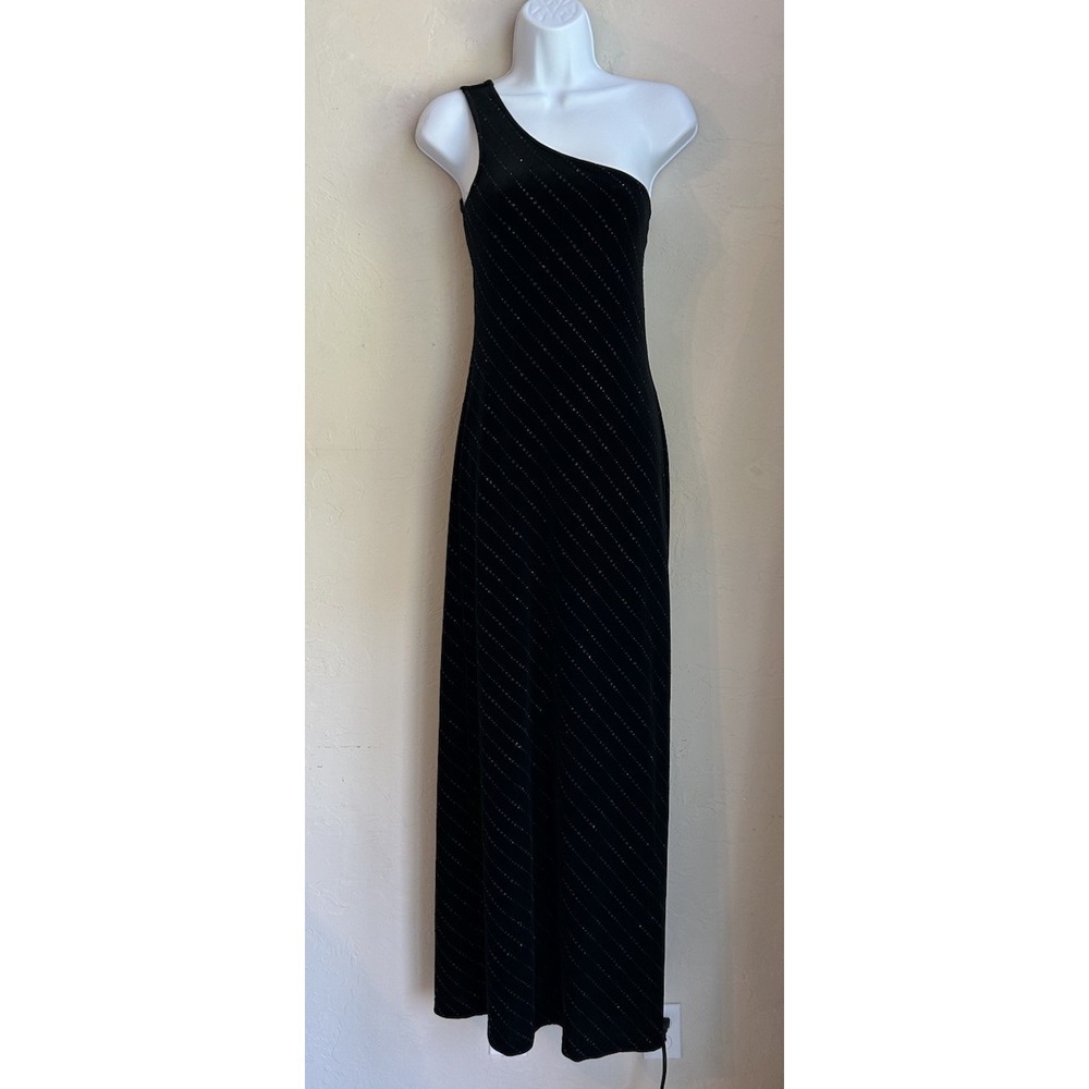 Vintage 90s Y2K City Triangles Velvet Maxi Dress M Black Glitter Goth Prom Hocoβ